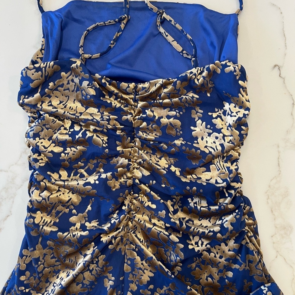 Avec Les Filles Burn Out Blue and Gold Ruched Floral Maxi Dress size L - Picture 11 of 12